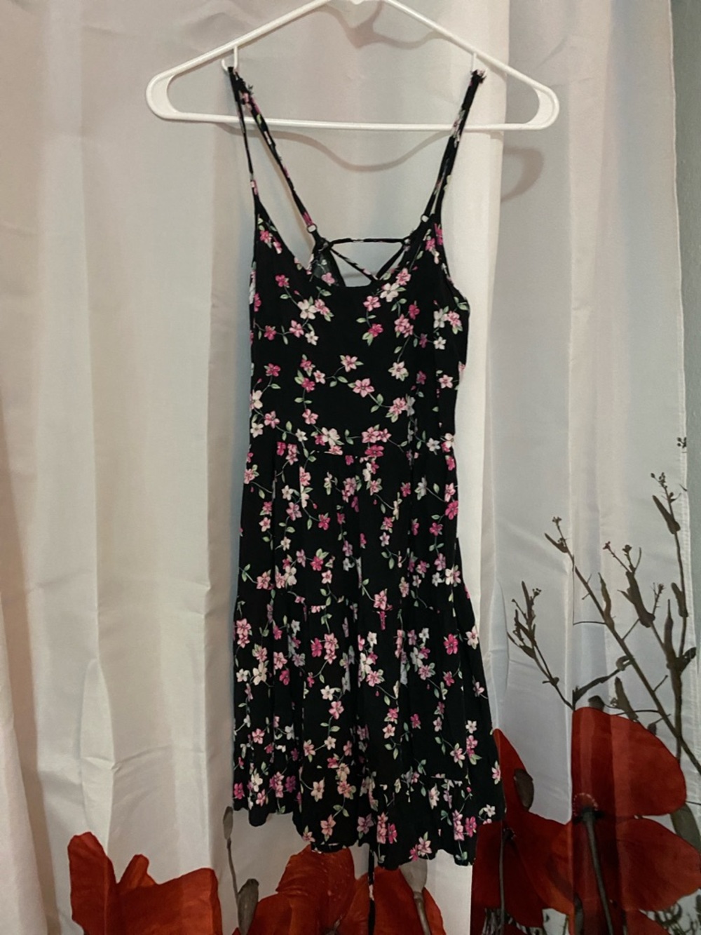 La Hearts Black Mini Dress with Pink Floral Print and Crisscross Back